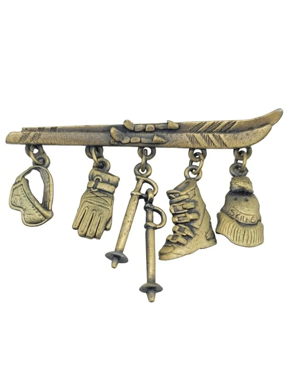 JJ Jonette Jewelry Gold Tone Snow Skiing Charms Brooch, Signed